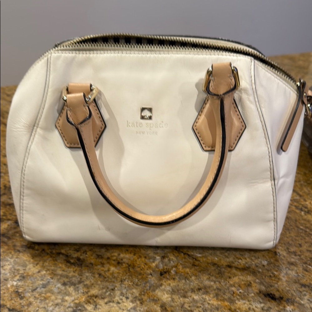 Kate Spade Cream and Tan Satchel with Structured Shape and Leather Handles